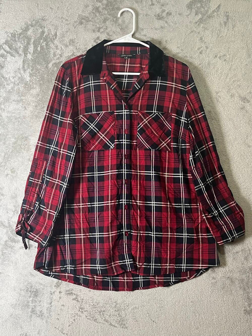 John Mark Red Black Plaid Button Front Tunic Shirt Top Women’s Medium Classic